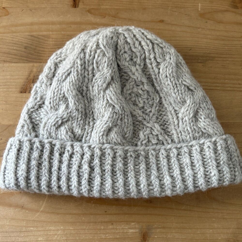 Aran Sweater Market Hat Cream/Grey Cable Knit Wool Knit Fleece Lined Beanie OS - Picture 5 of 8